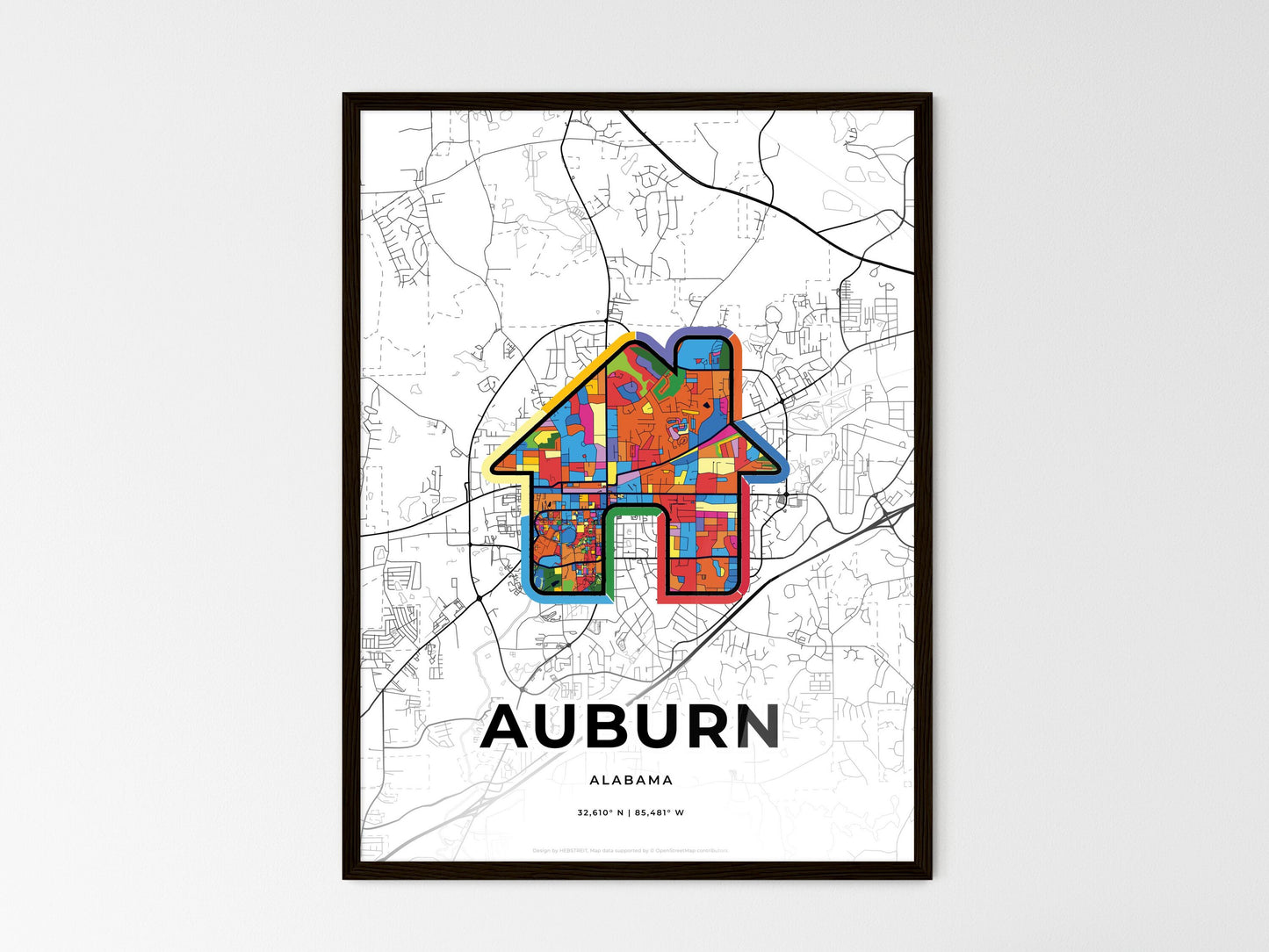 Auburn Alabama wedding art map with home icon