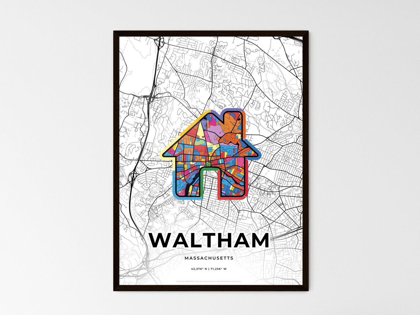 Waltham Massachusetts wedding art map with home icon