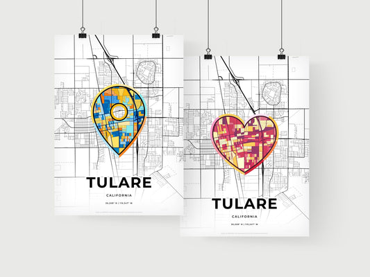 TULARE CALIFORNIA minimal art map with a colorful icon. Where it all began, Couple map gift.