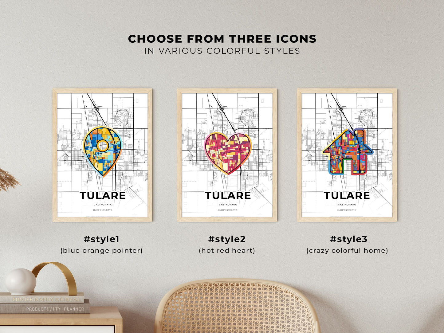 TULARE CALIFORNIA minimal art map with a colorful icon. Where it all began, Couple map gift.
