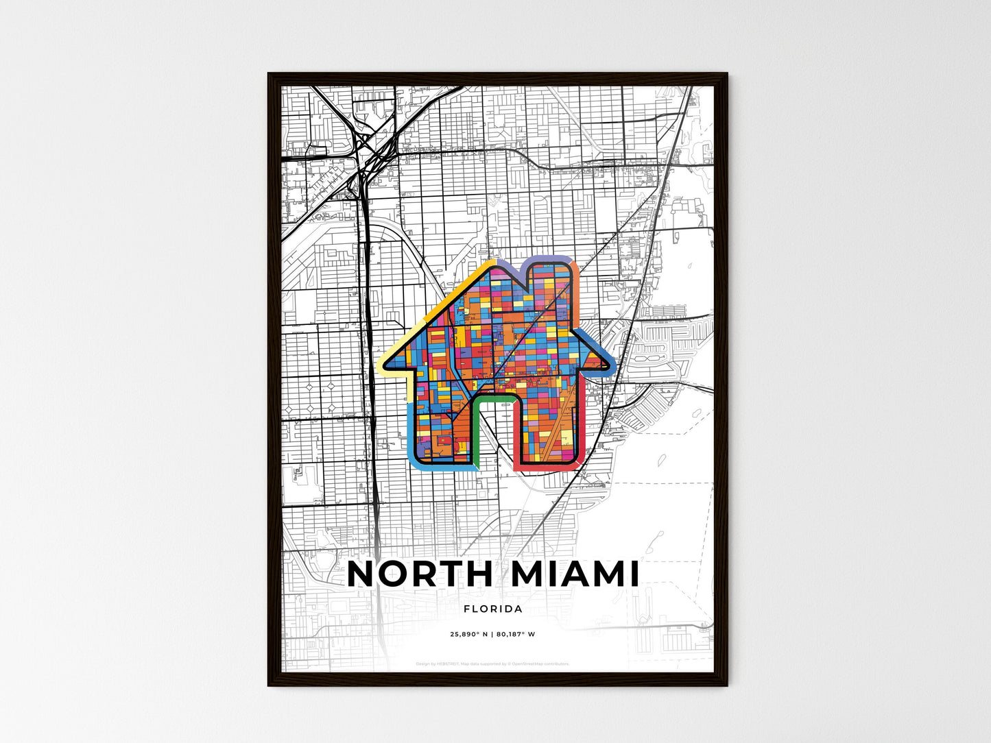 North Miami Florida wedding art map with home icon