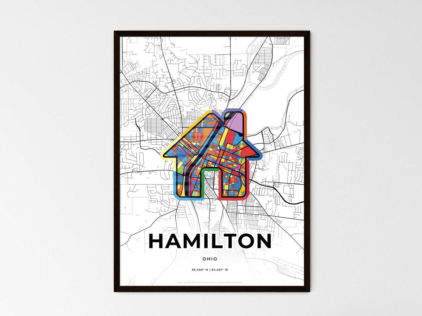 Hamilton Ohio wedding art map with home icon