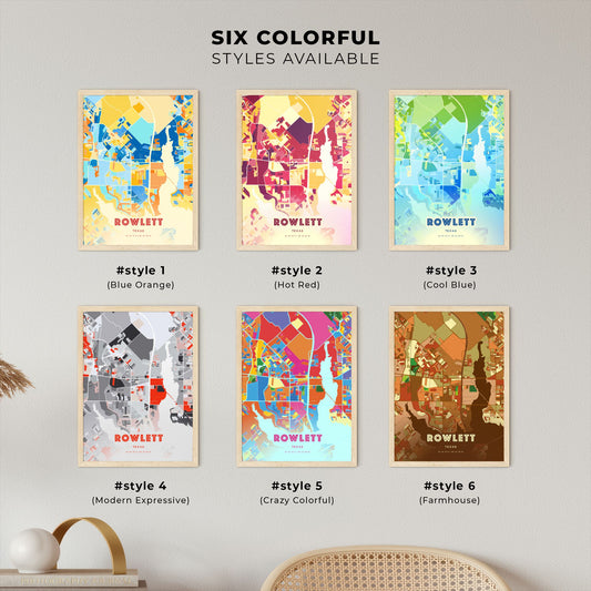 Colorful ROWLETT TEXAS Fine Art Map Blue Orange