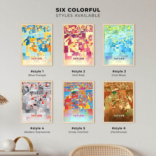 Colorful TAYLOR MICHIGAN Fine Art Map Blue Orange