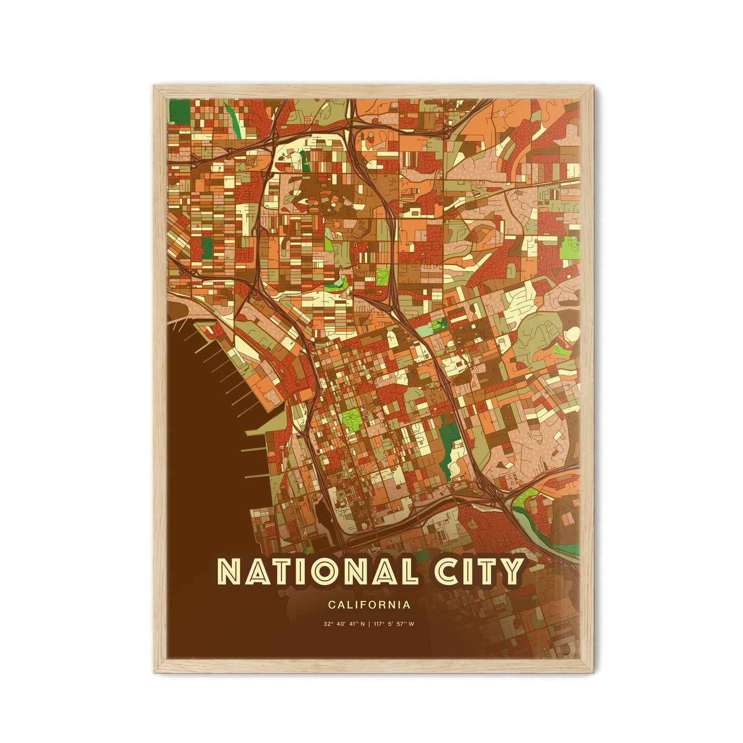 Colorful NATIONAL CITY CALIFORNIA Fine Art Map Farmhouse