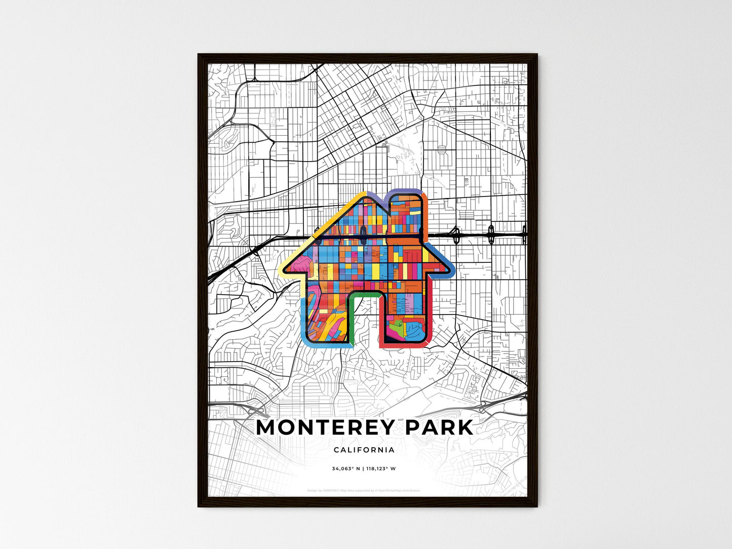 Monterey Park California wedding art map with home icon