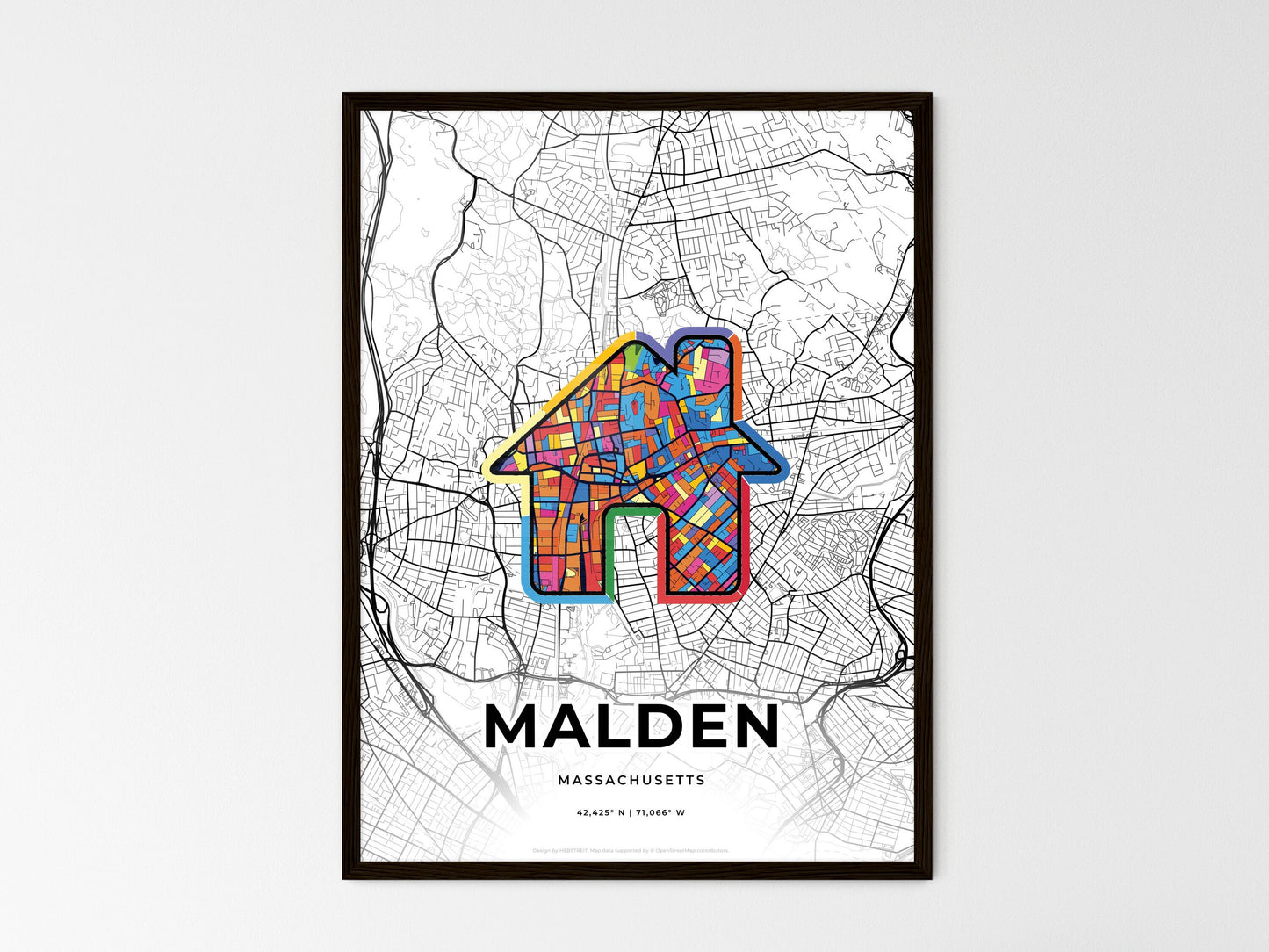 Malden Massachusetts wedding art map with home icon