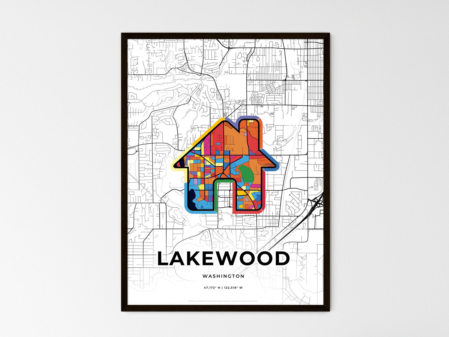 Lakewood Washington wedding art map with home icon