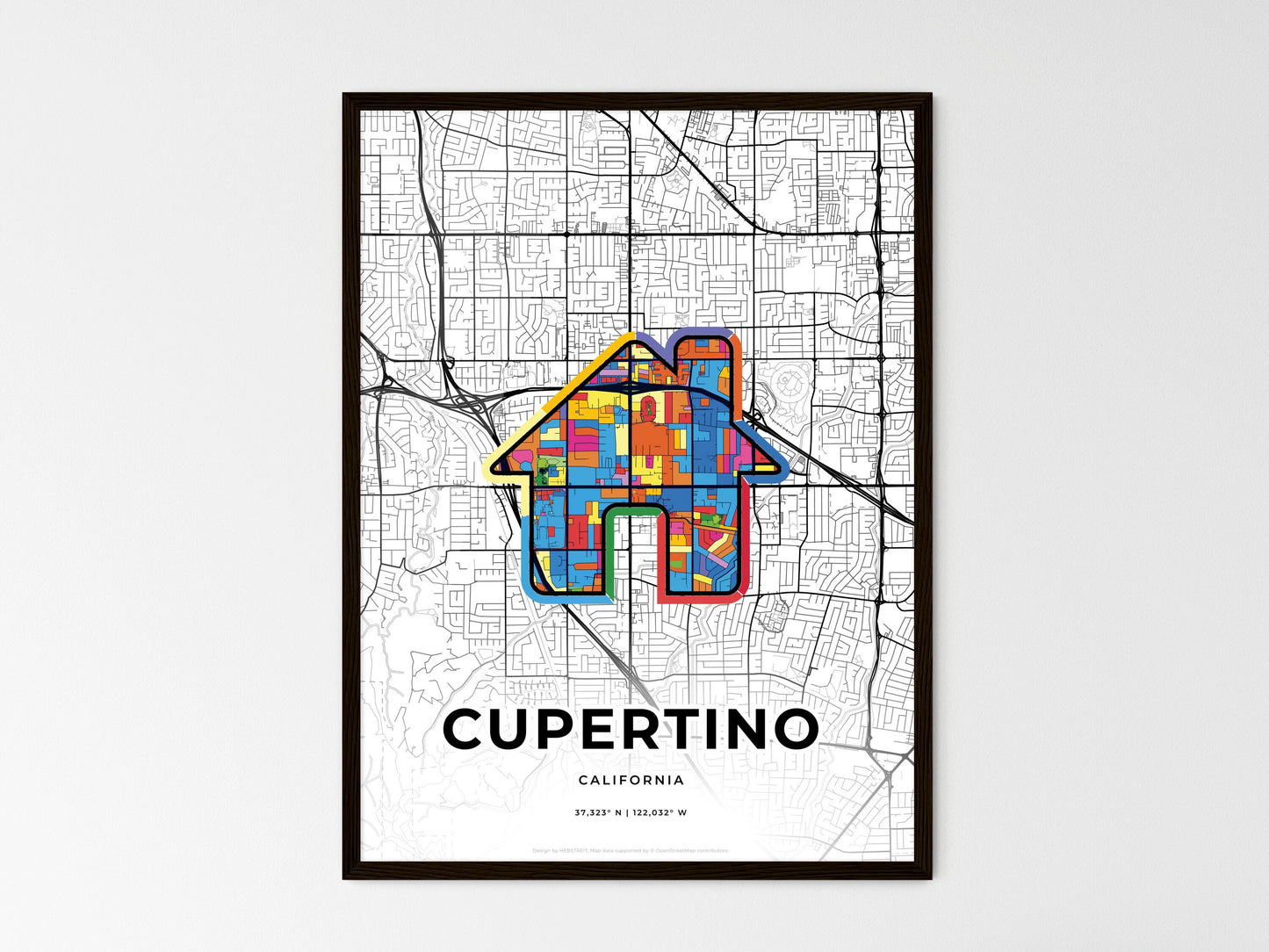 Cupertino California wedding art map with home icon