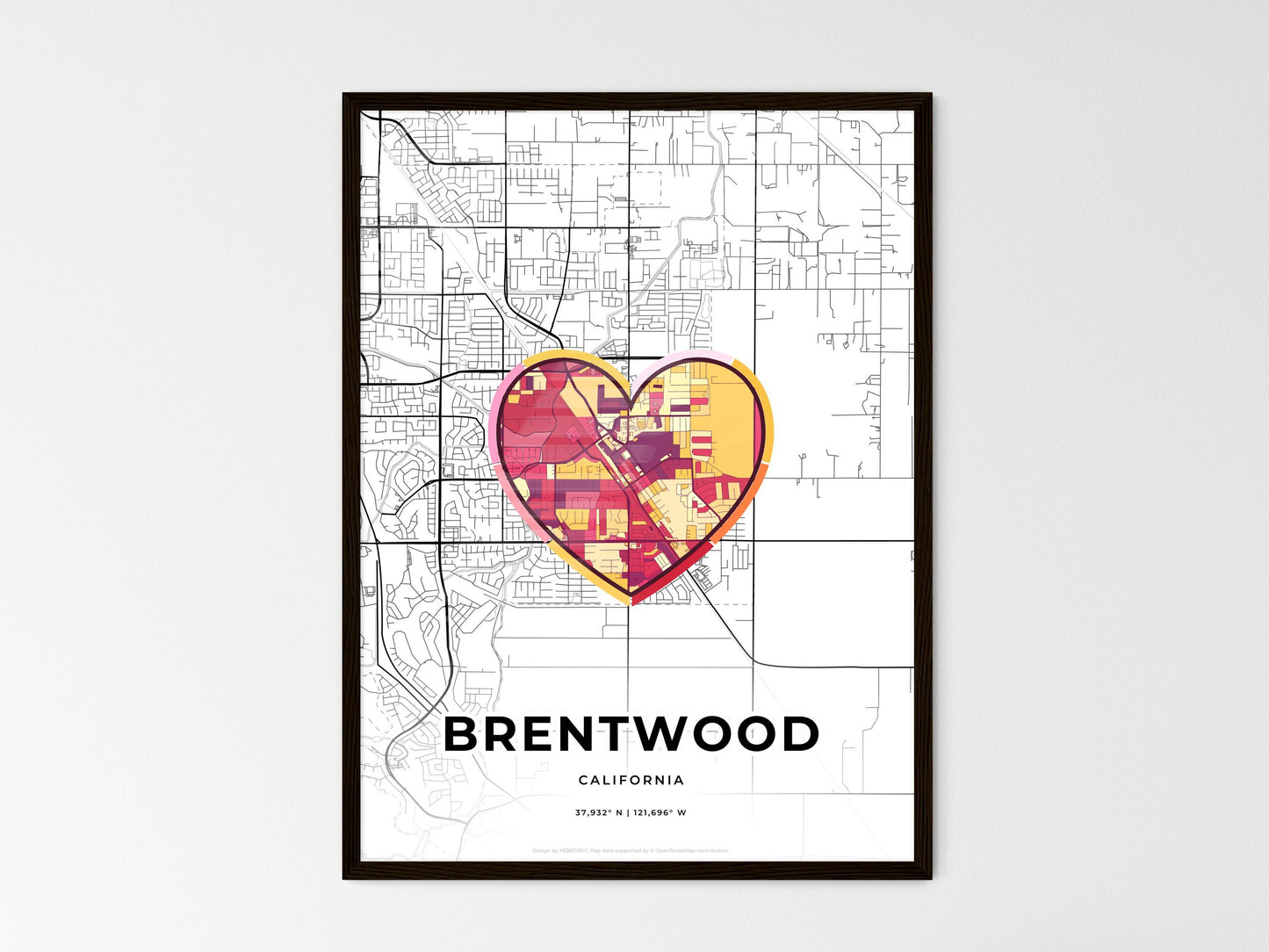 Brentwood California wedding art map with heart icon