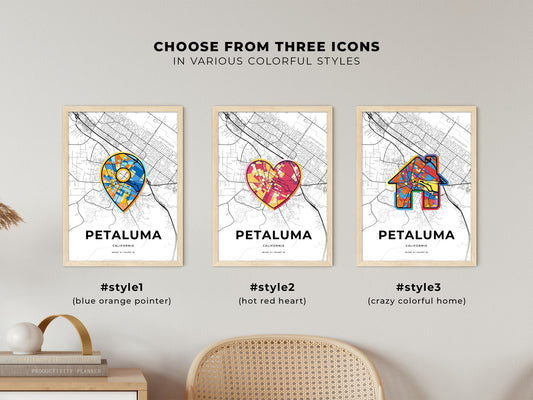 Petaluma California maps with colorful icons