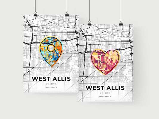 WEST ALLIS WISCONSIN minimal art map with a colorful icon. Where it all began, Couple map gift.
