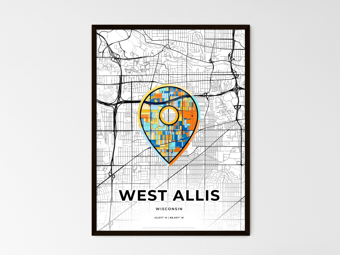 WEST ALLIS WISCONSIN minimal art map with a colorful icon. Where it all began, Couple map gift. Style 1