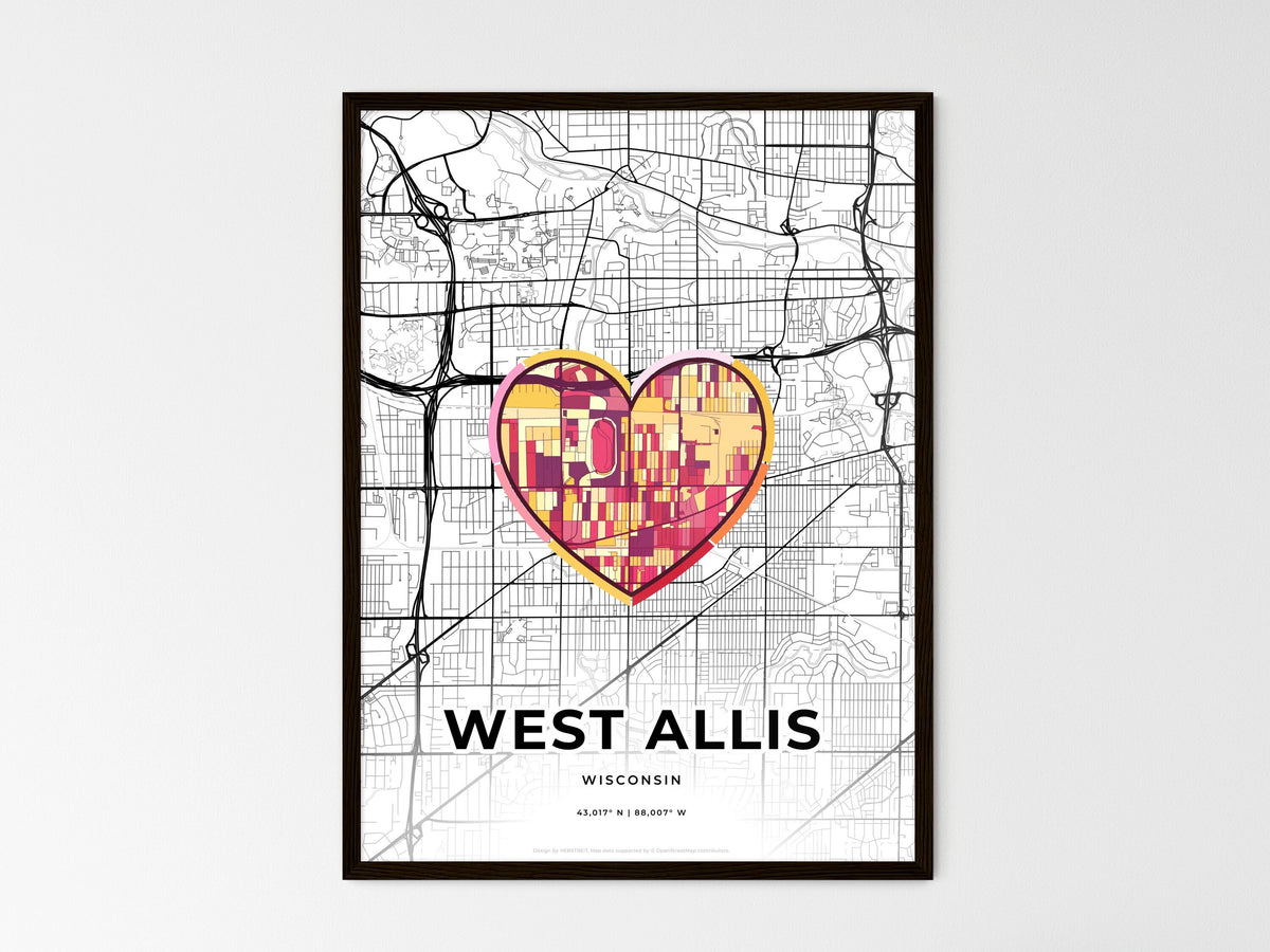 West Allis Wisconsin wedding art map with heart icon