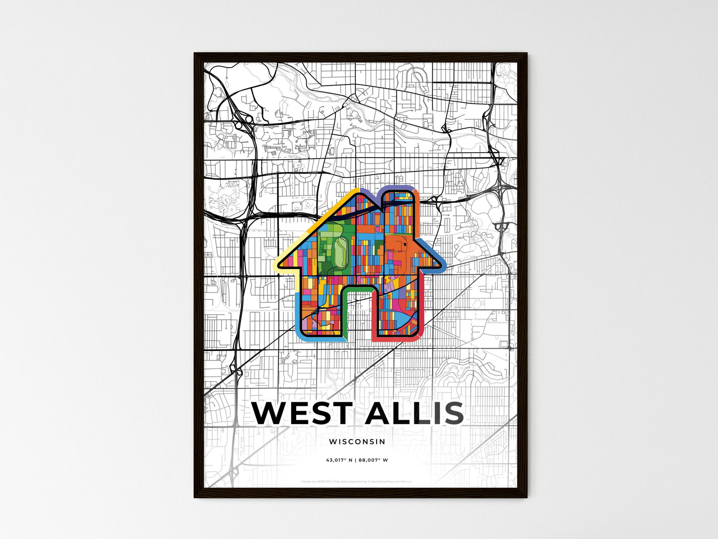 WEST ALLIS WISCONSIN minimal art map with a colorful icon. Where it all began, Couple map gift. Style 3