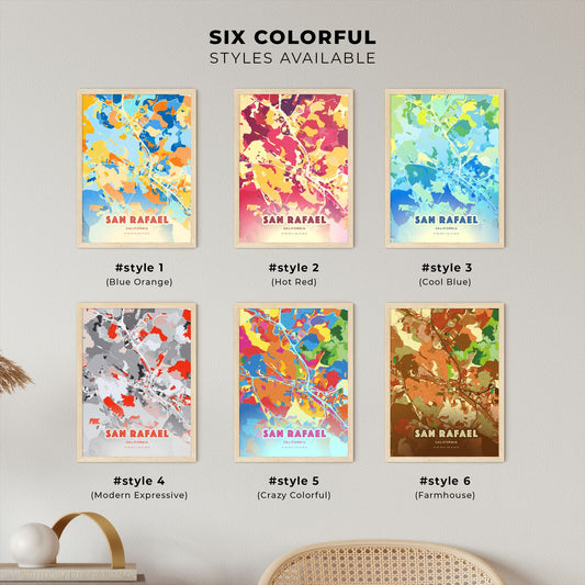 Colorful SAN RAFAEL CALIFORNIA Fine Art Map Blue Orange