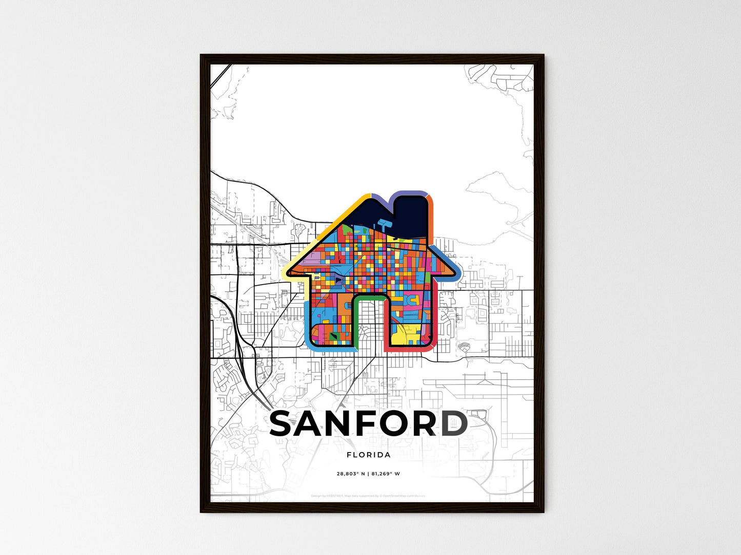 Sanford Florida wedding art map with home icon