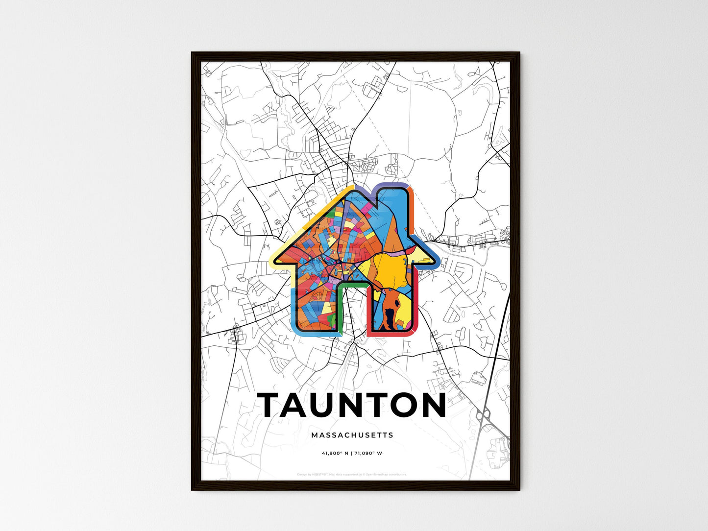 Taunton Massachusetts wedding art map with home icon