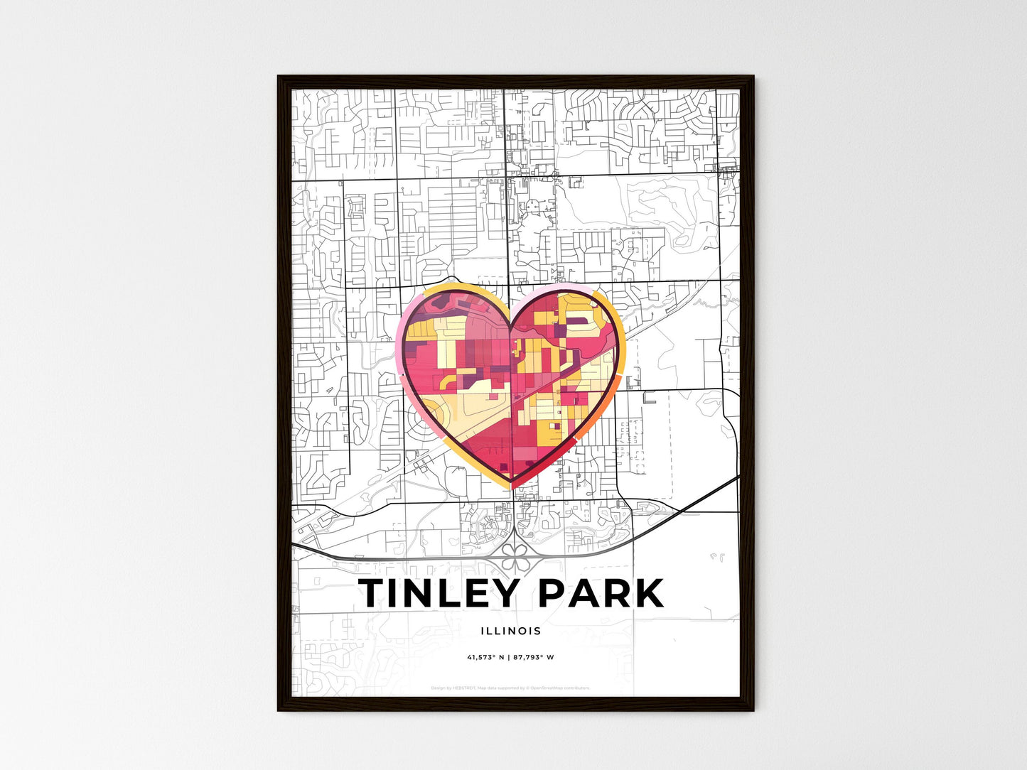 Tinley Park Illinois wedding art map with heart icon