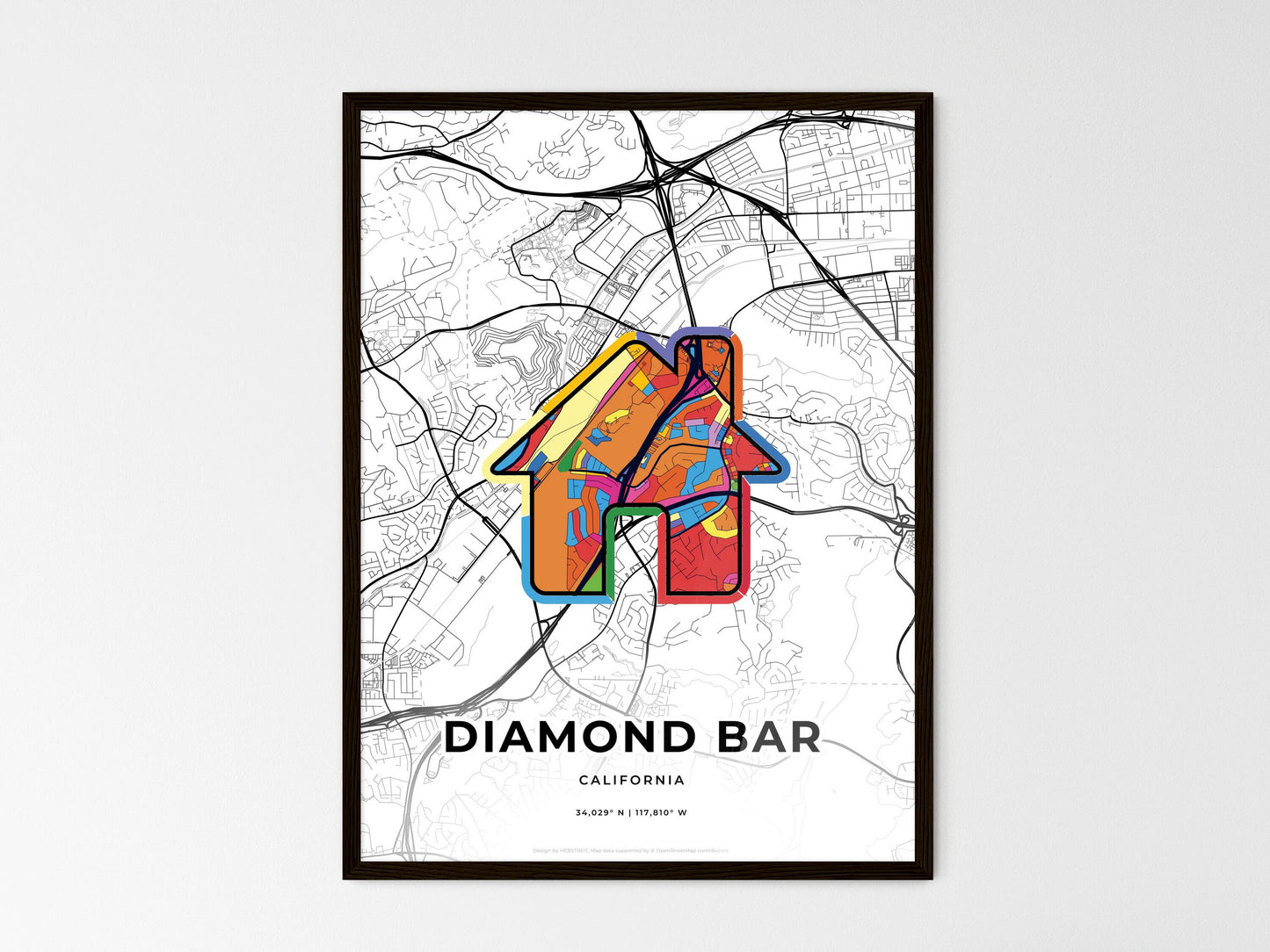 Diamond Bar California wedding art map with home icon