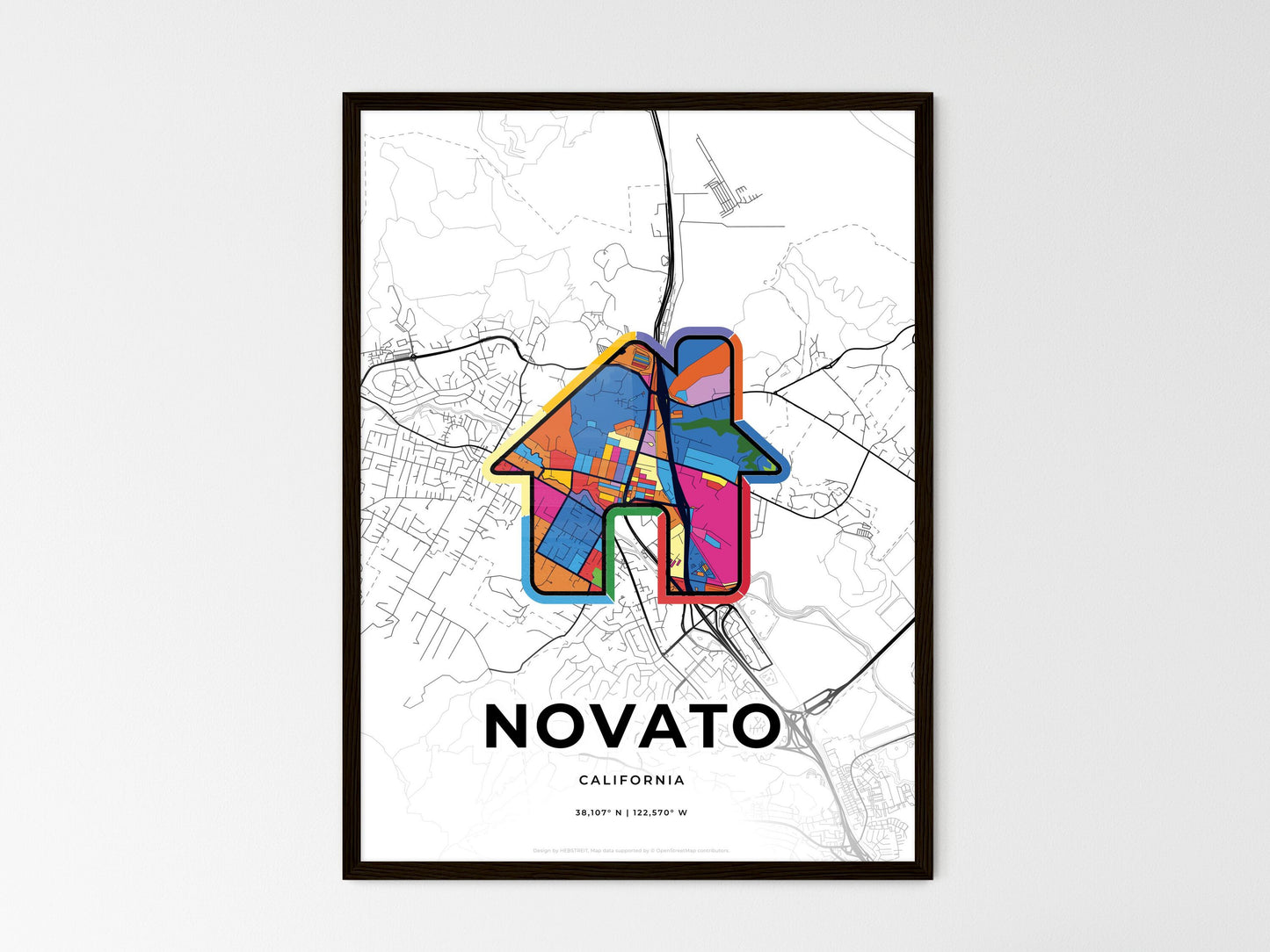 Novato California wedding art map with home icon