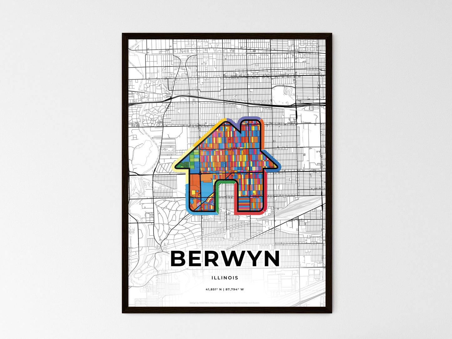 Berwyn Illinois wedding art map with home icon