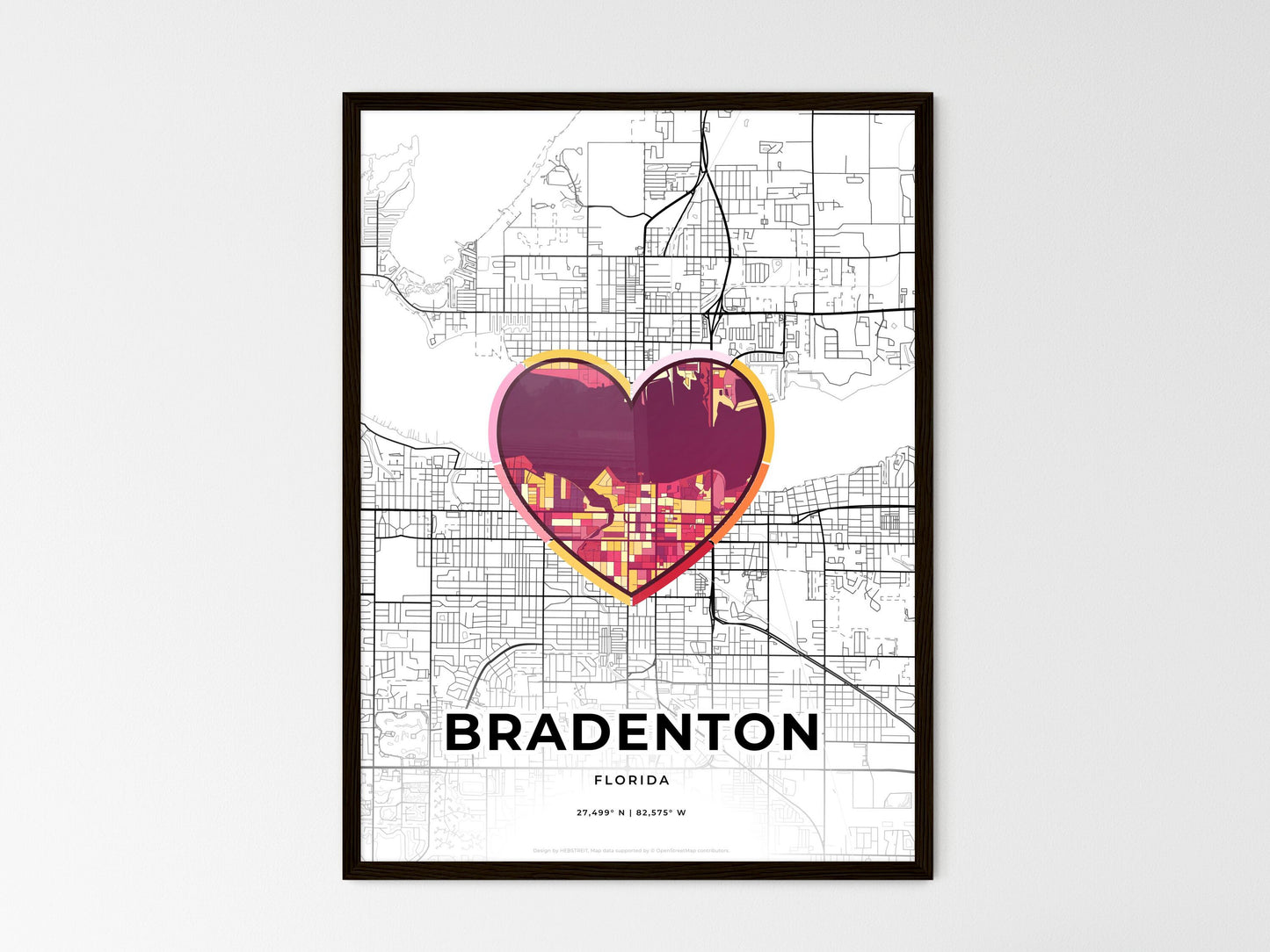 Bradenton Florida wedding art map with heart icon