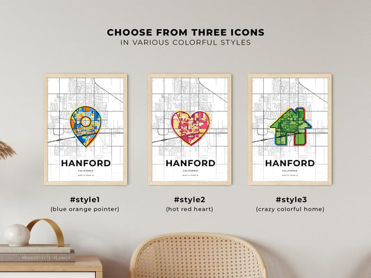 Hanford California maps with colorful icons