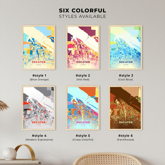 Colorful DECATUR ALABAMA Fine Art Map Blue Orange