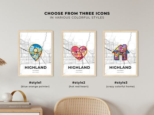Highland California maps with colorful icons