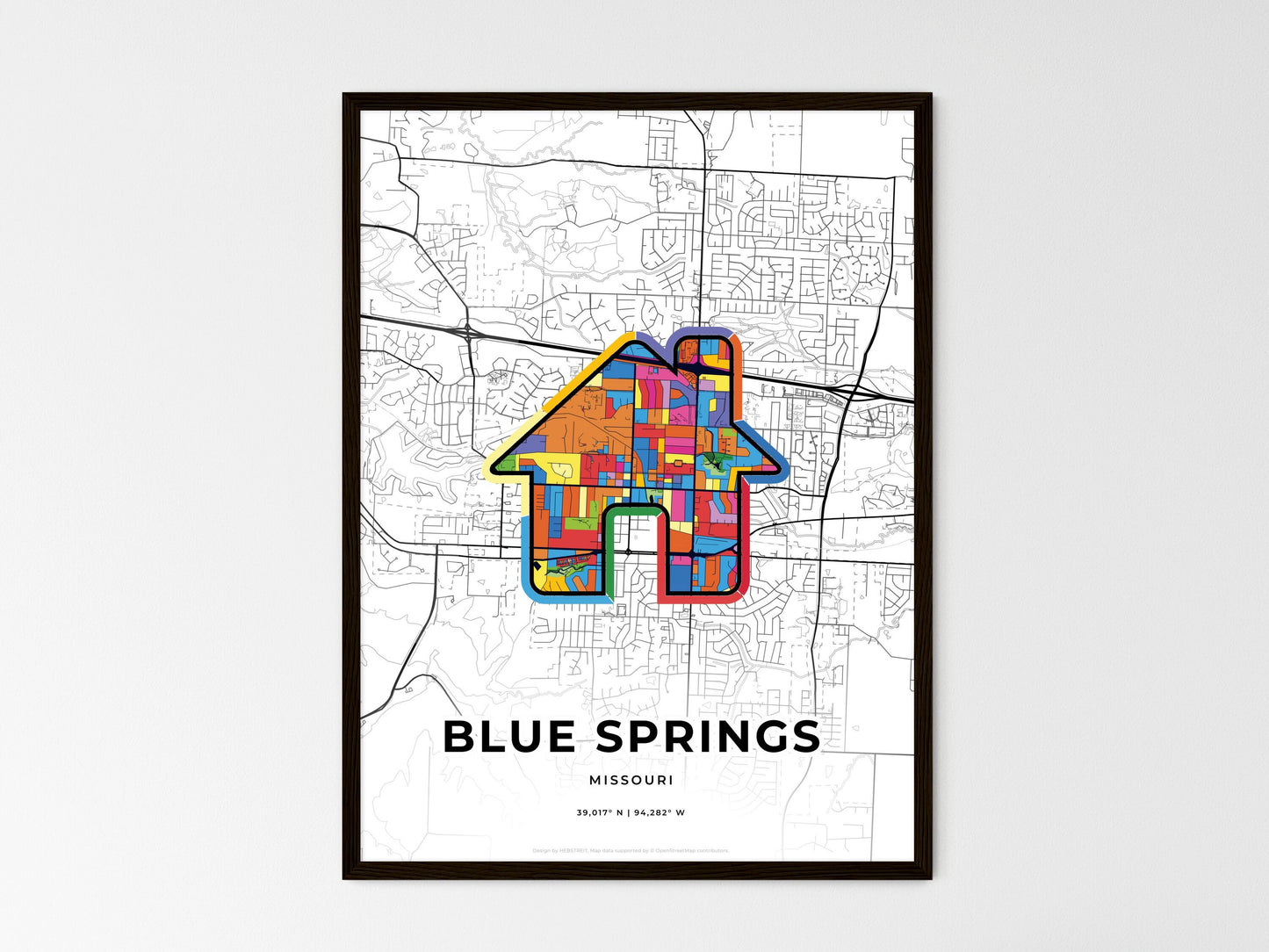 Blue Springs Missouri wedding art map with home icon