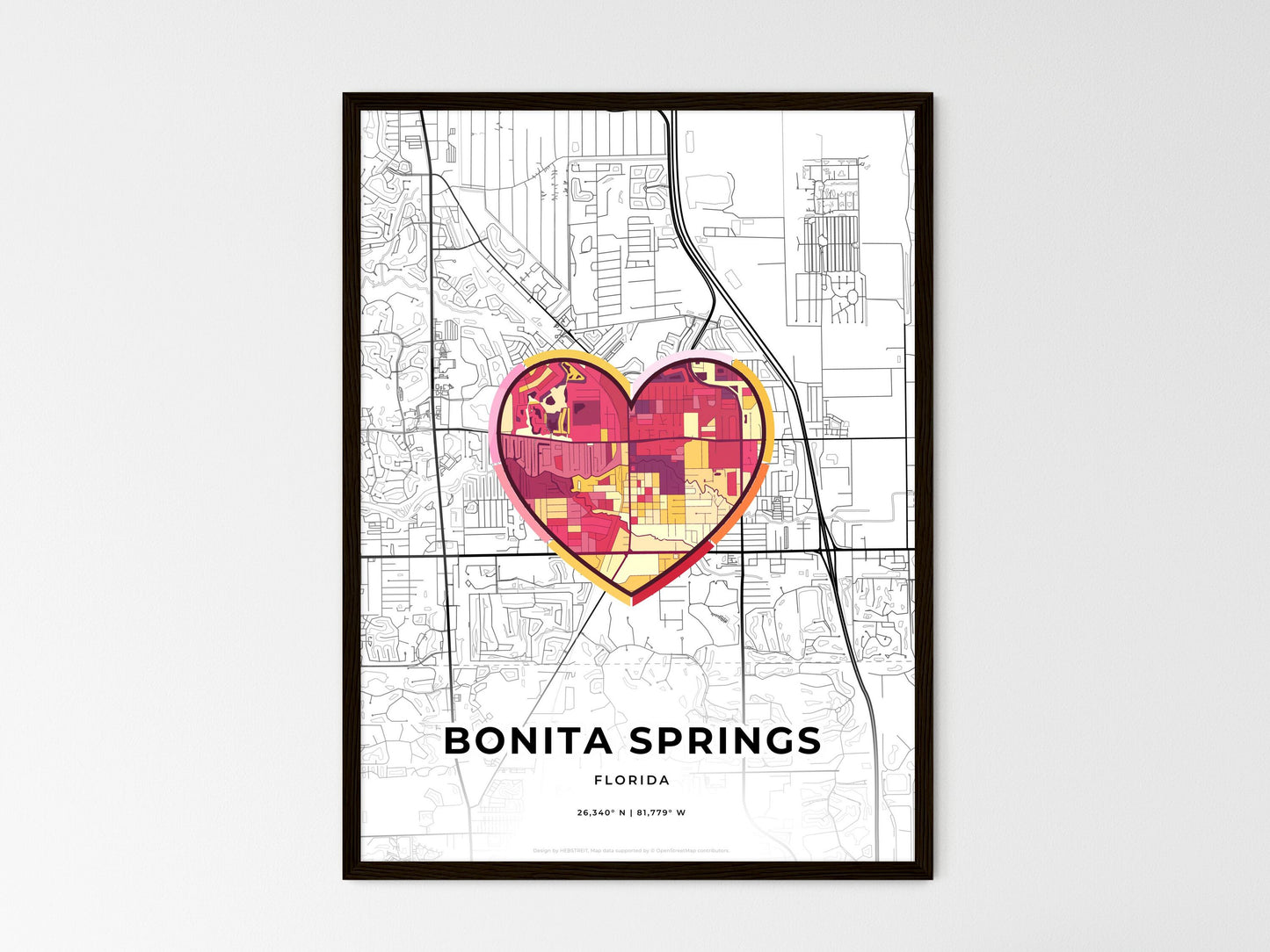 Bonita Springs Florida wedding art map with heart icon