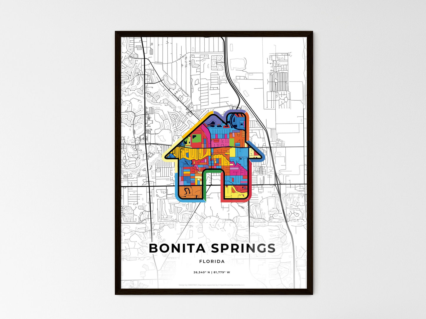 Bonita Springs Florida wedding art map with home icon