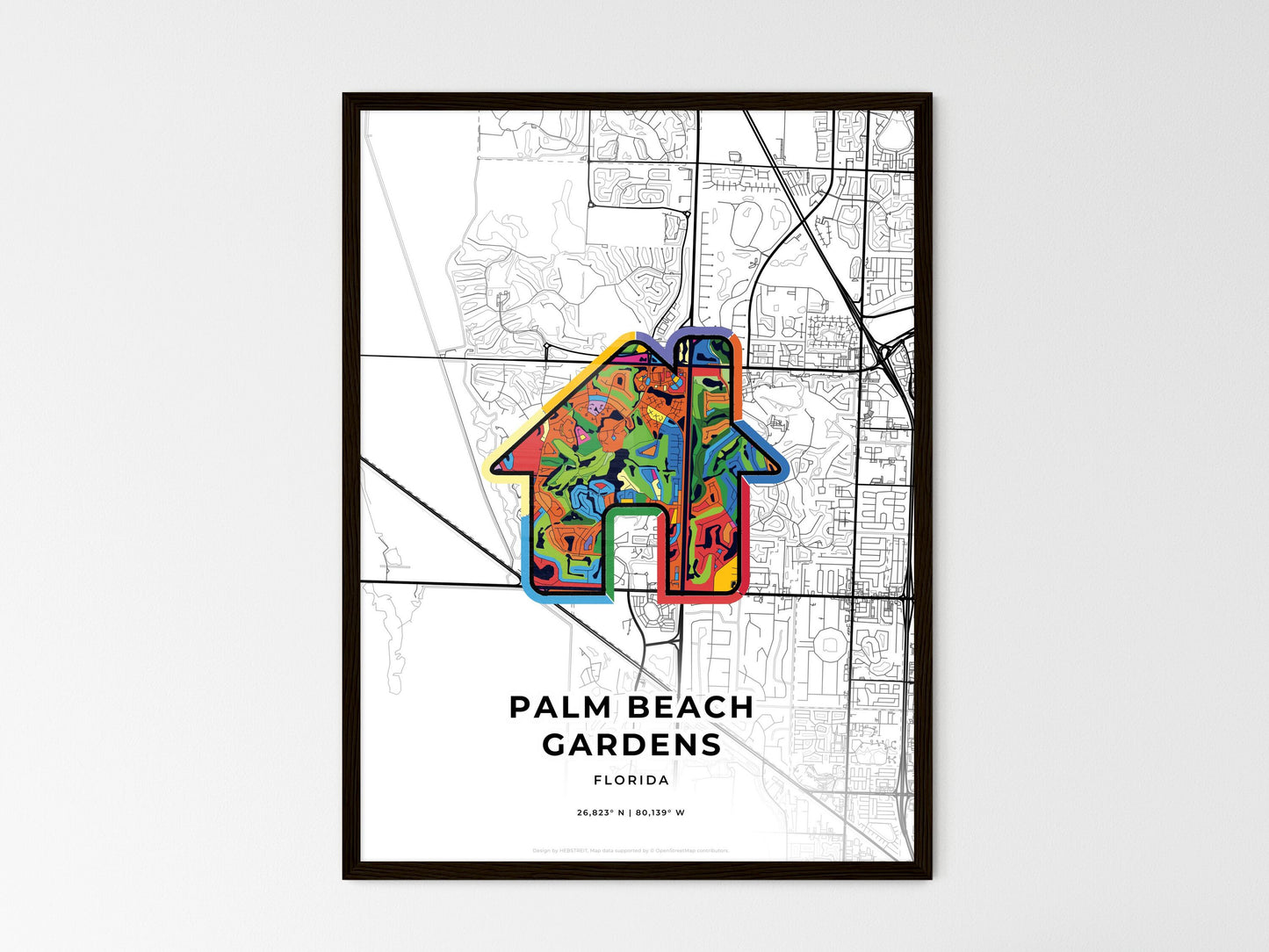 Palm Beach Gardens Florida wedding art map with home icon