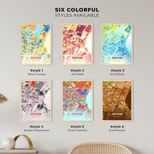 Colorful REVERE MASSACHUSETTS Fine Art Map Blue Orange