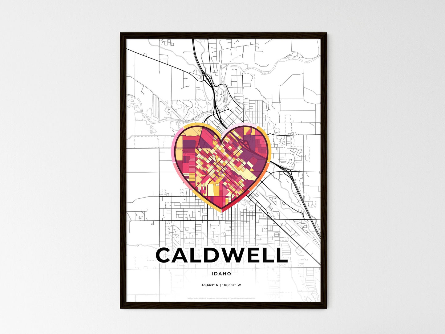 Caldwell Idaho wedding art map with heart icon