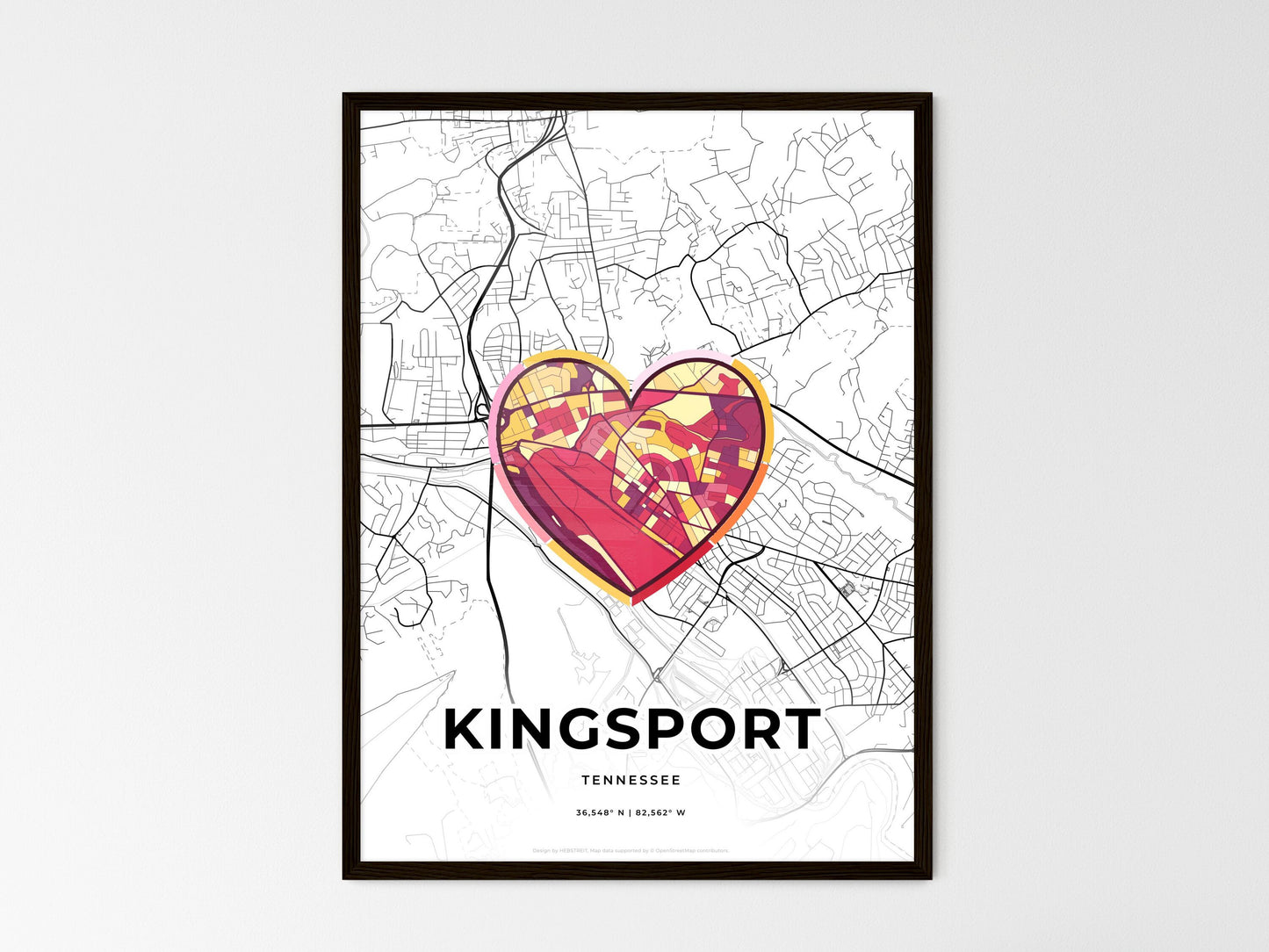 Kingsport Tennessee wedding art map with heart icon