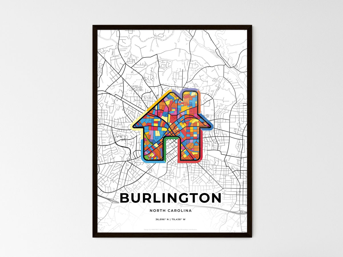 Burlington North Carolina wedding art map with home icon