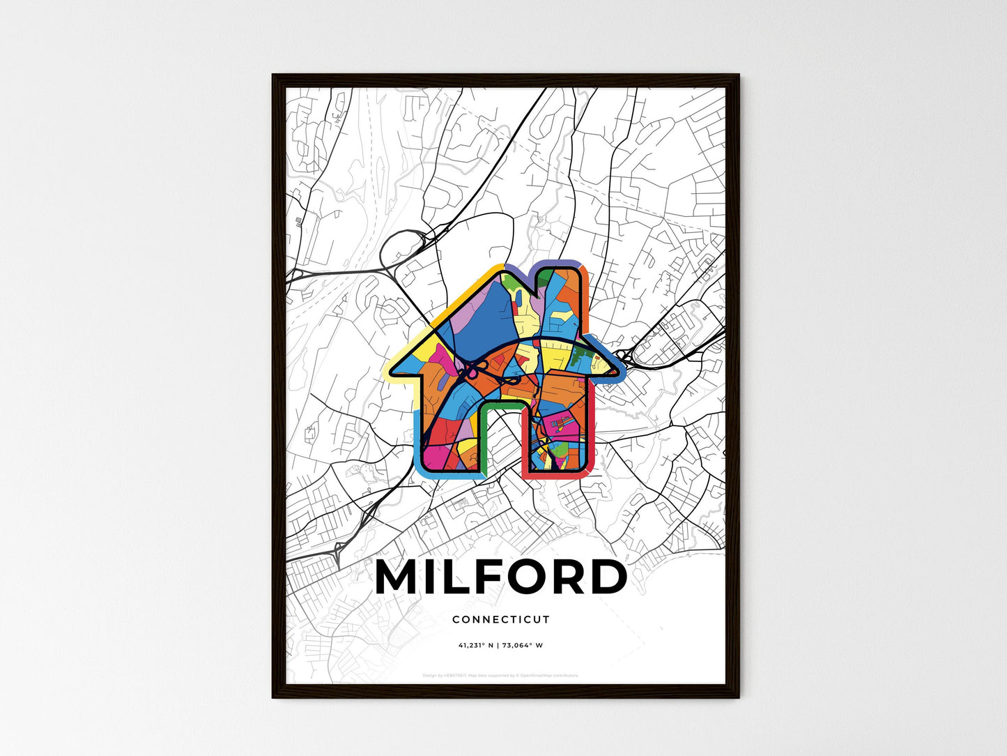 Milford Connecticut wedding art map with home icon