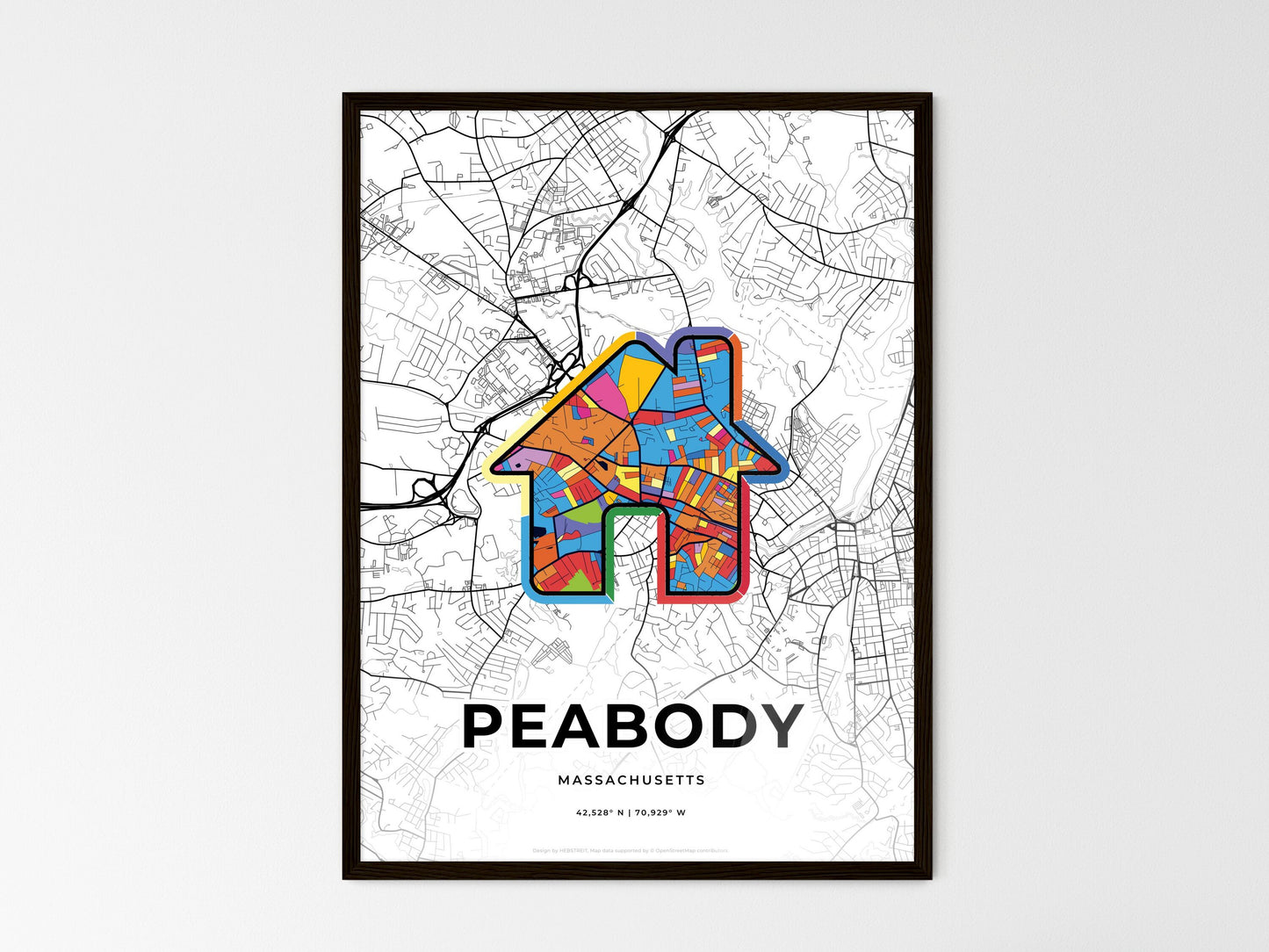 Peabody Massachusetts wedding art map with home icon