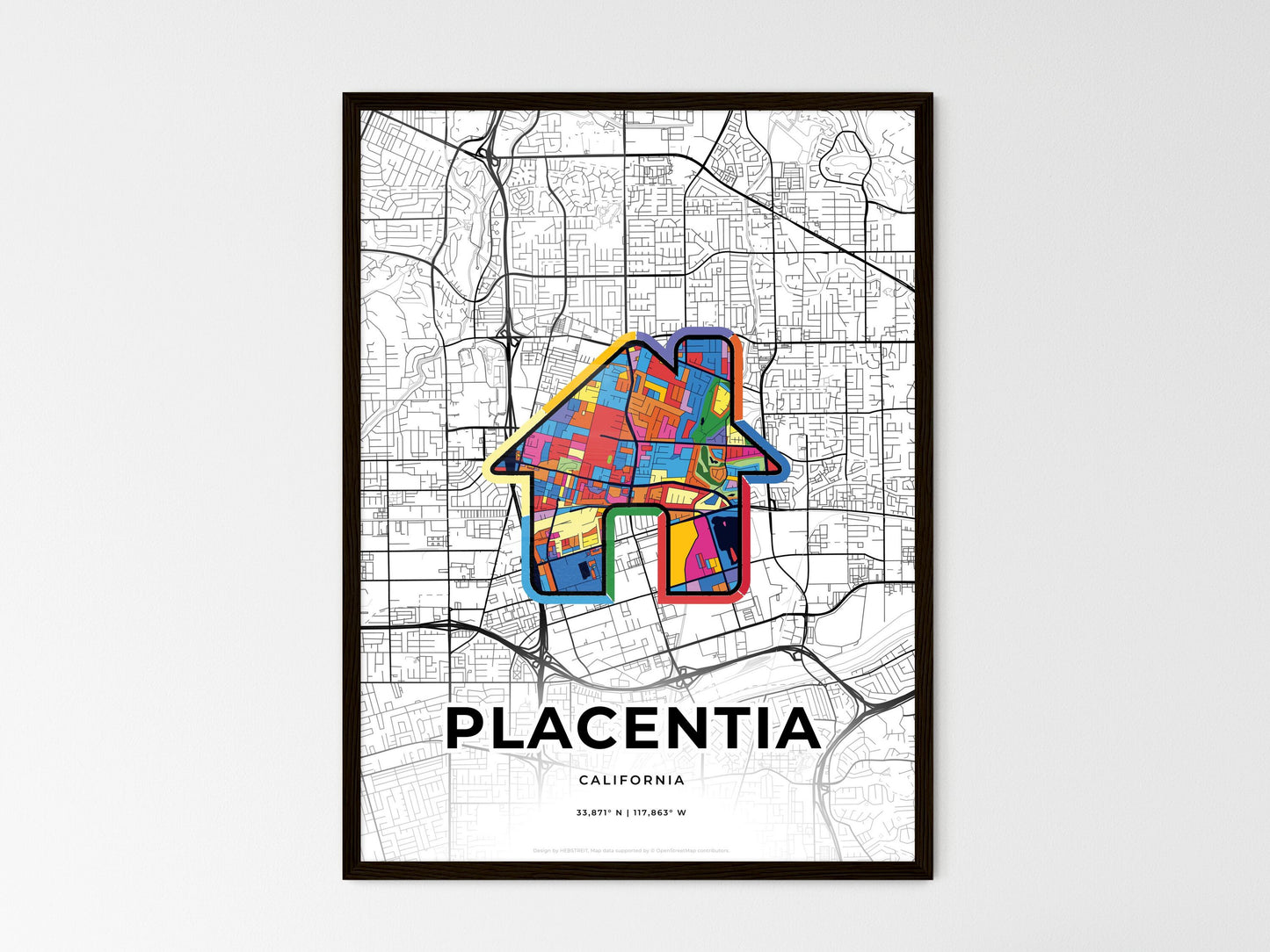 Placentia California wedding art map with home icon