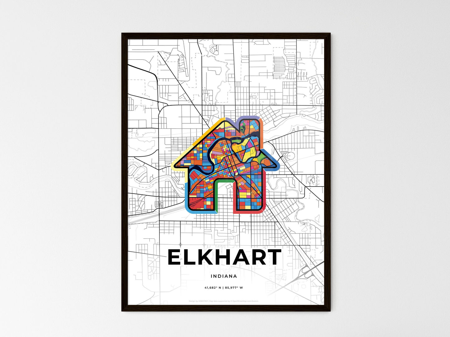 Elkhart Indiana wedding art map with home icon
