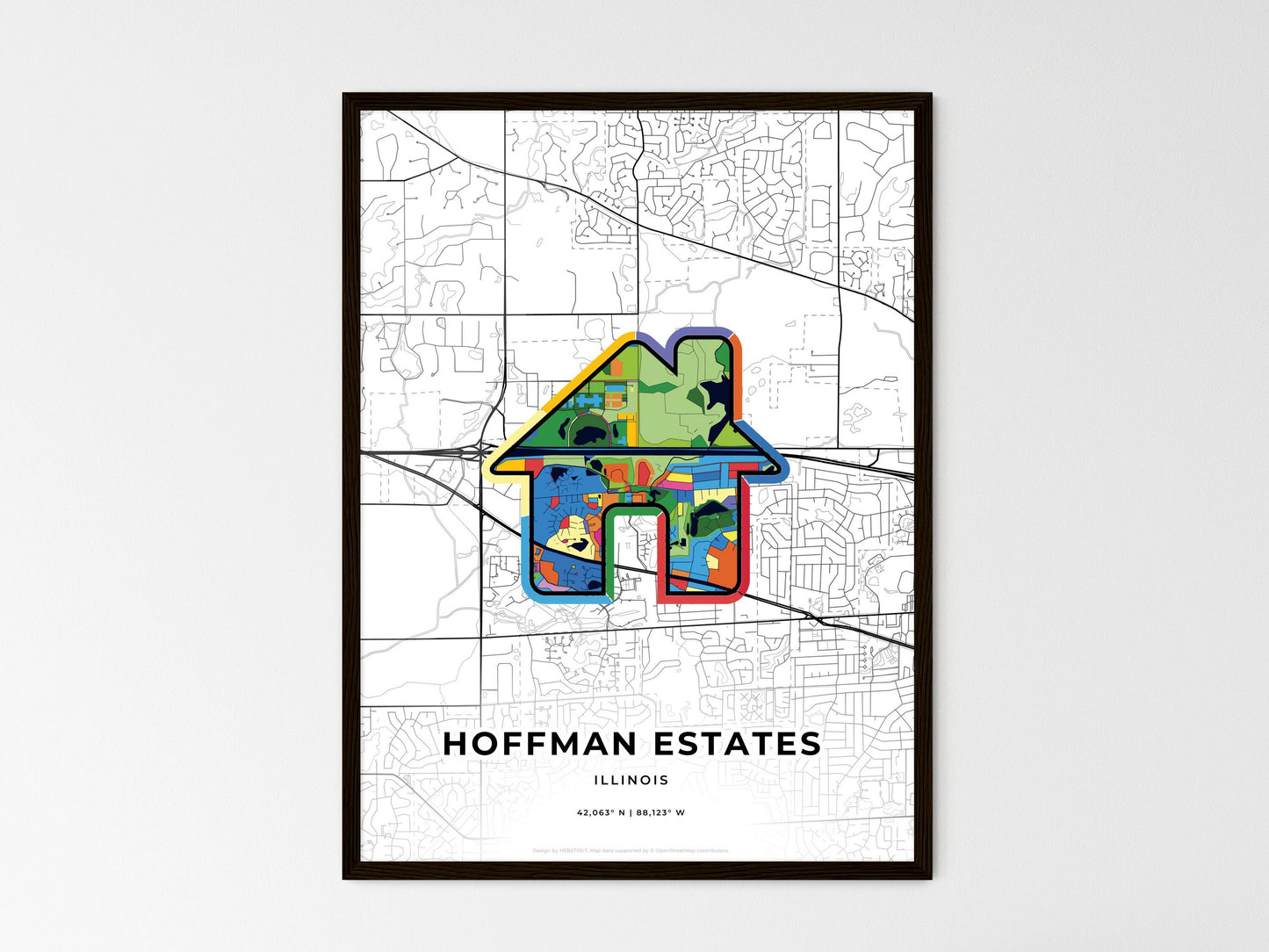 Hoffman Estates Illinois wedding art map with home icon