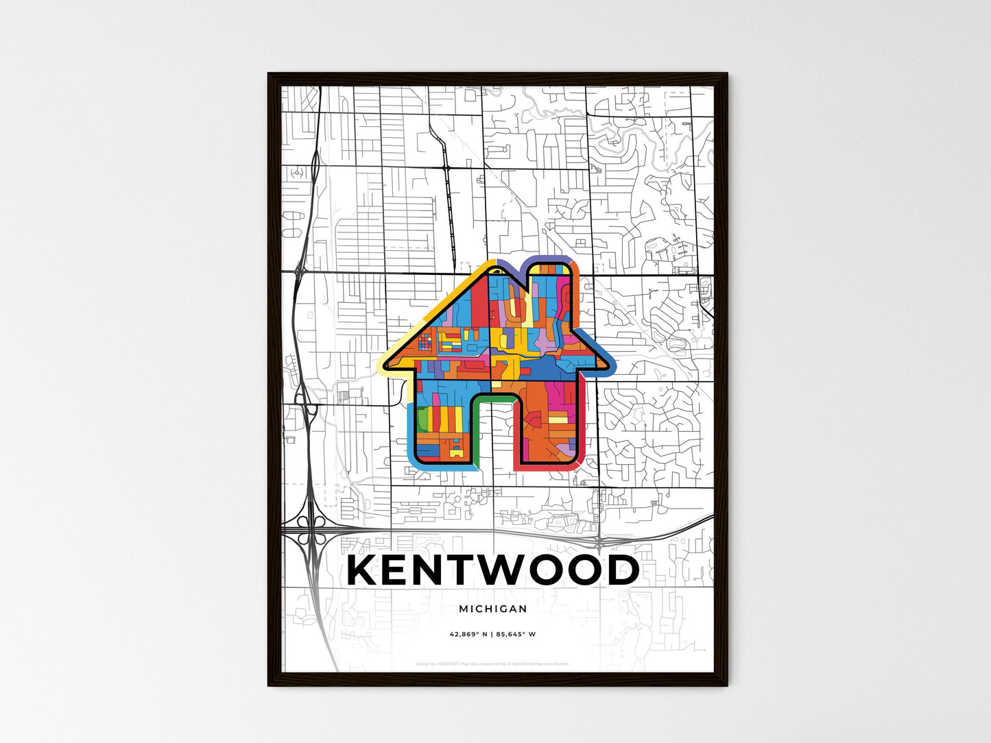 Kentwood Michigan wedding art map with home icon