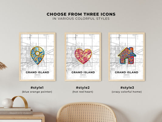 Grand Island Nebraska maps with colorful icons