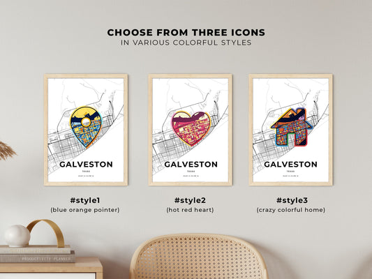 Galveston Texas maps with colorful icons