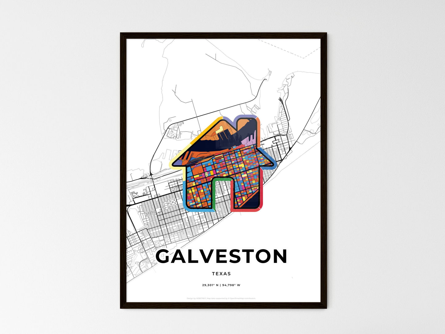 Galveston Texas wedding art map with home icon