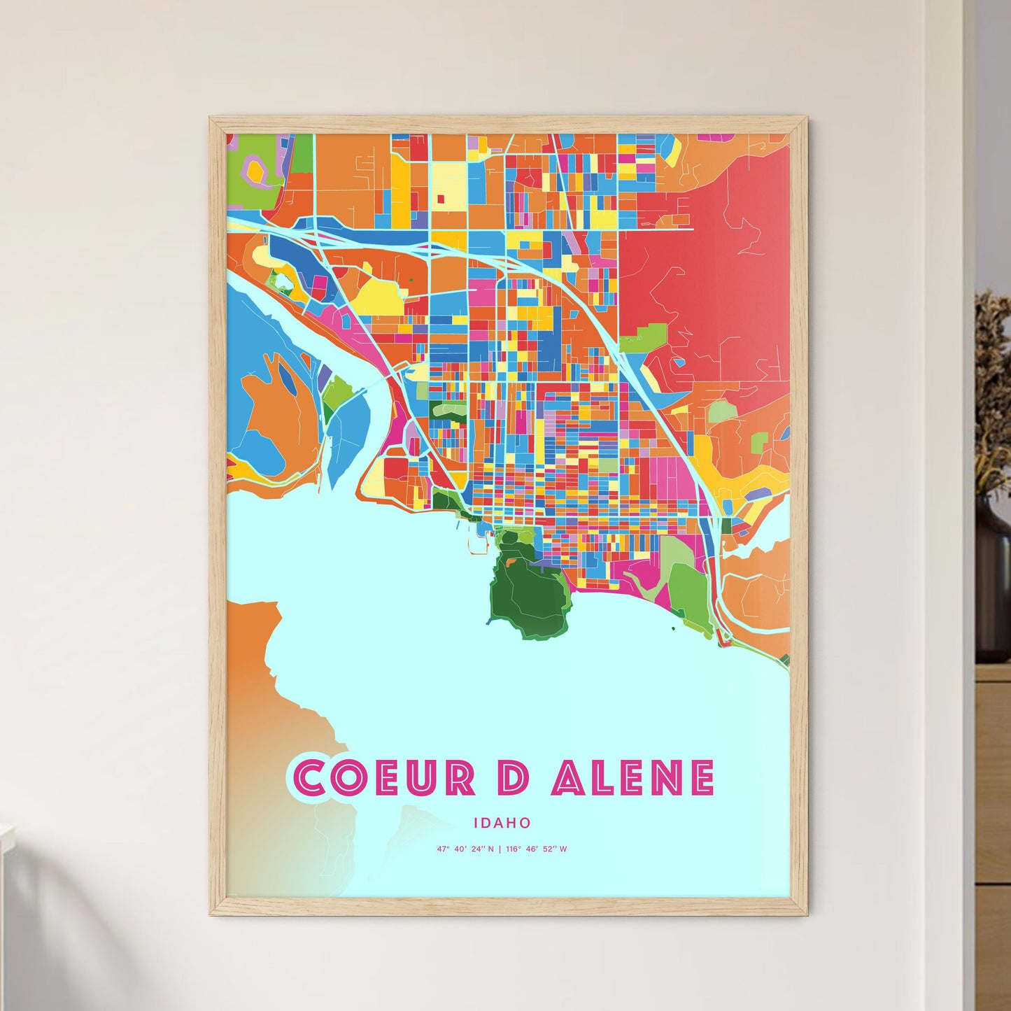 Colorful COEUR D ALENE IDAHO Fine Art Map Crazy Colors