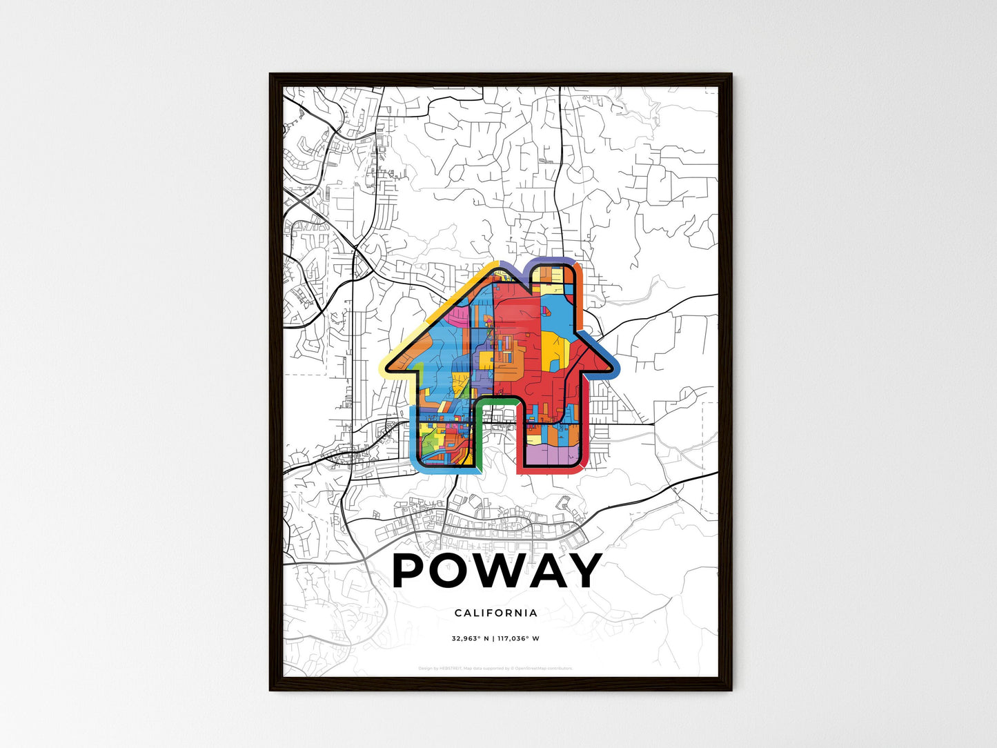 Poway California wedding art map with home icon
