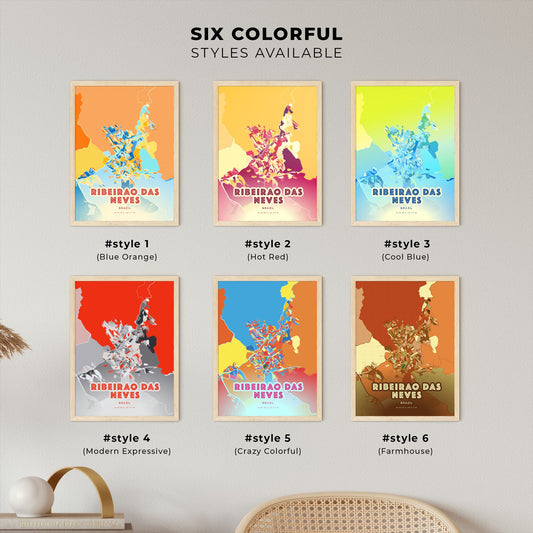 Colorful RIBEIRAO DAS NEVES BRAZIL Fine Art Map Blue Orange
